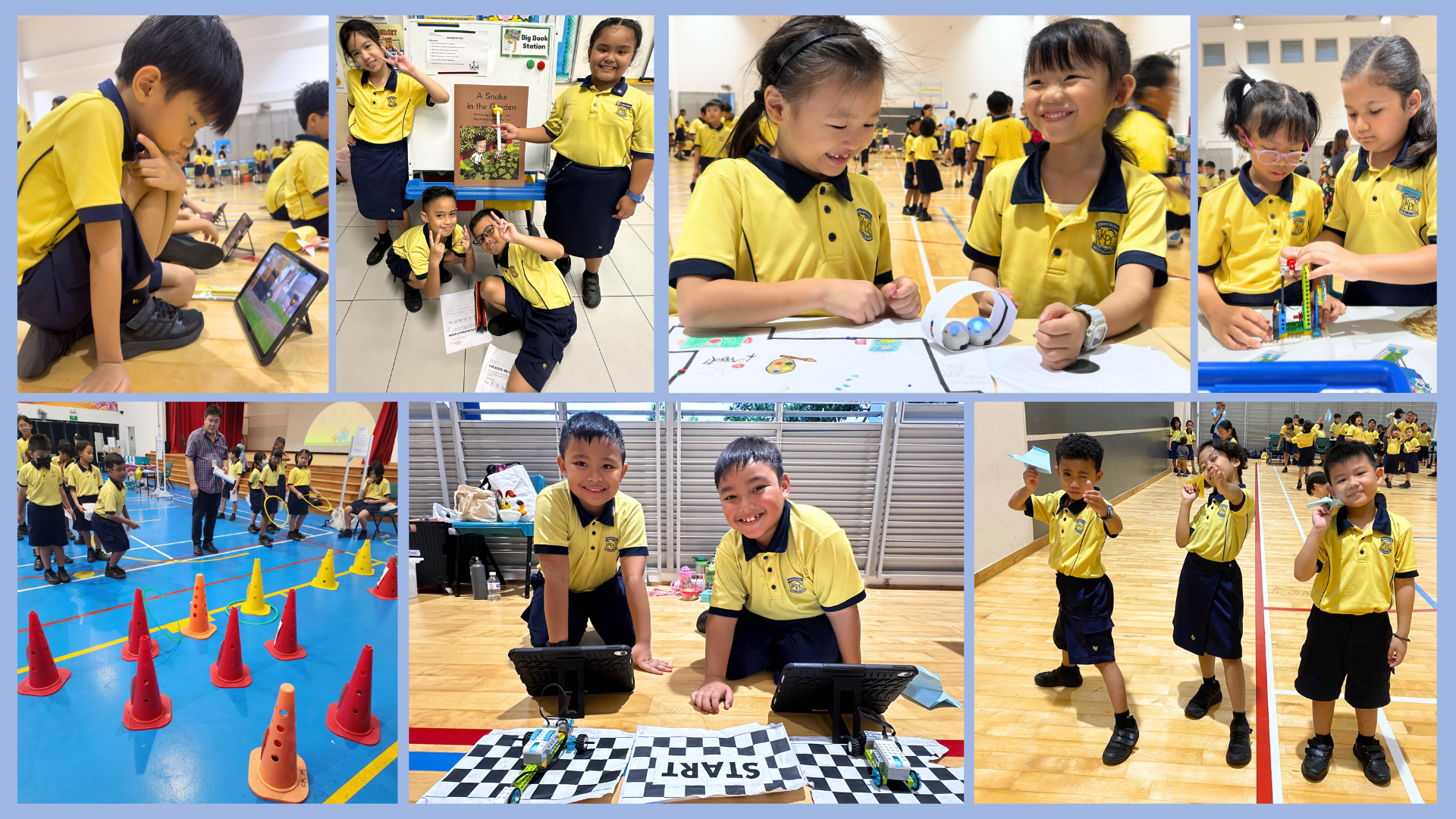 Seven photos of young students in yellow uniforms doing school activities including robotics, reading, and gym exercises.